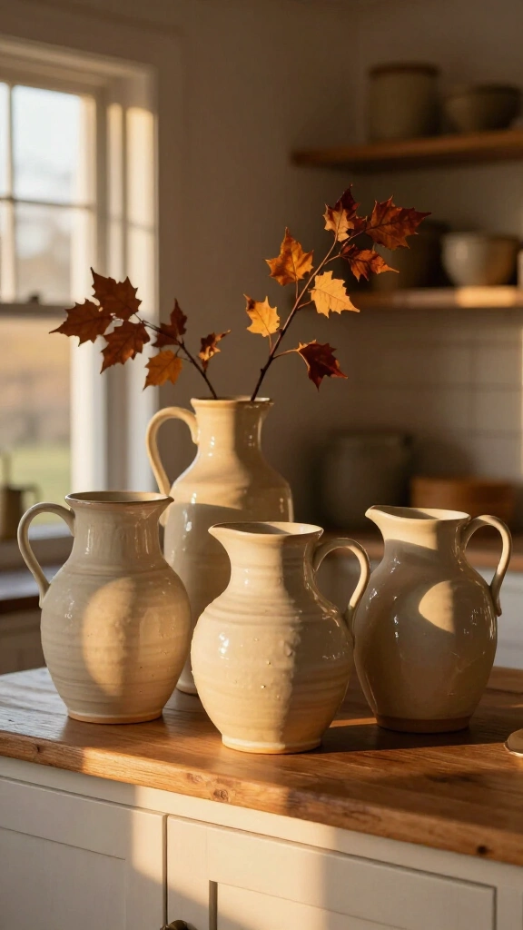 Display a collection of vintage ceramic pitchers