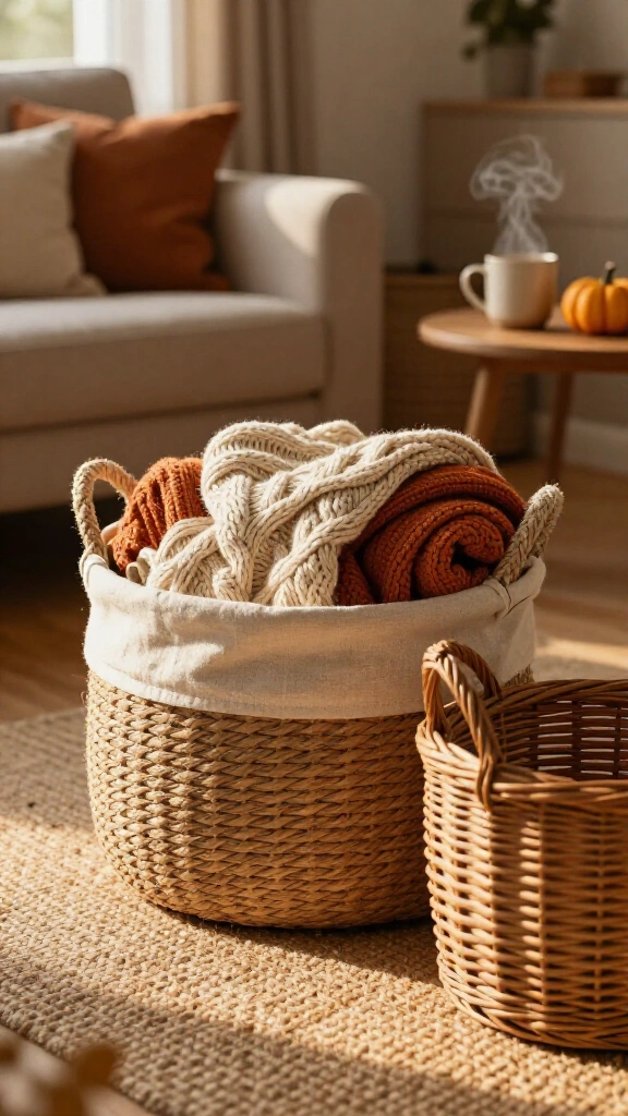 Use woven seagrass and willow baskets