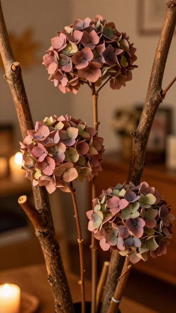 Dried hydrangea flower clusters