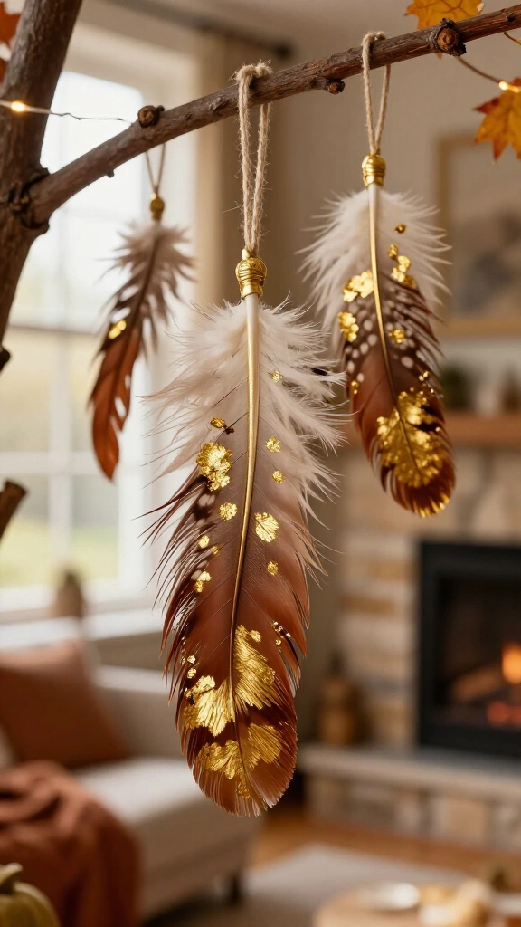 Gold-dipped feather hanging accents
