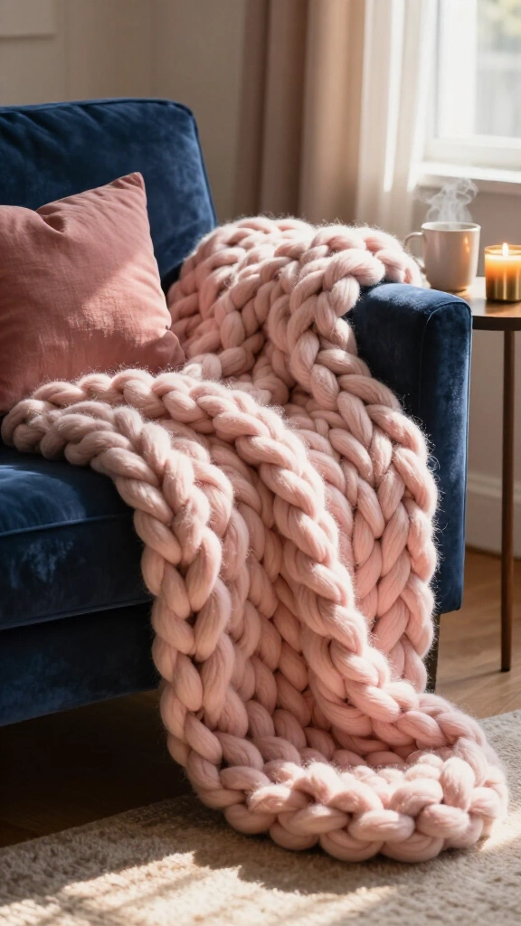 Layer chunky blush knit throws