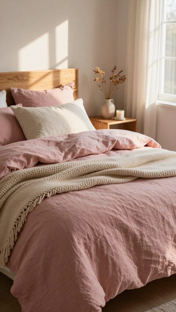 Drape soft pink linen bedding layers