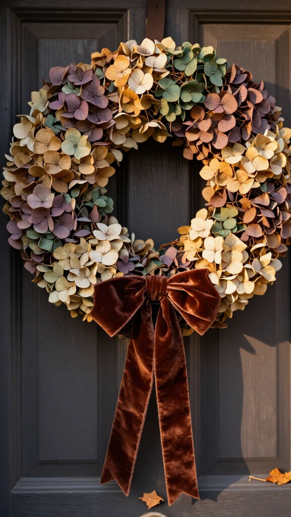 Autumn hydrangea and ribbon wreath