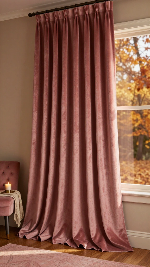 Hang heavy blush pink velvet drapes
