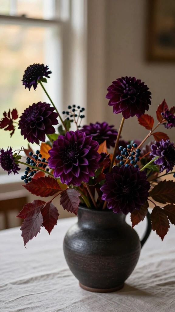 Display dark botanical centerpieces