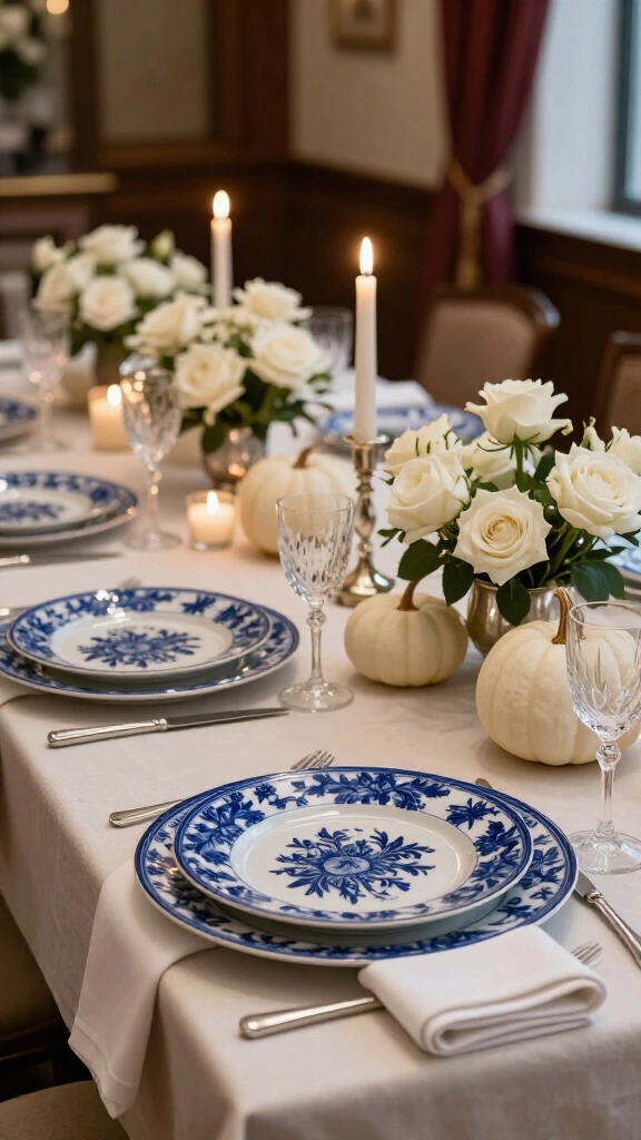 The elegant blue and white fall tablescape