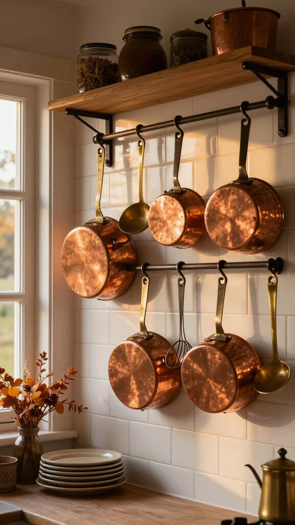 Hang vintage copper cookware in the kitchen