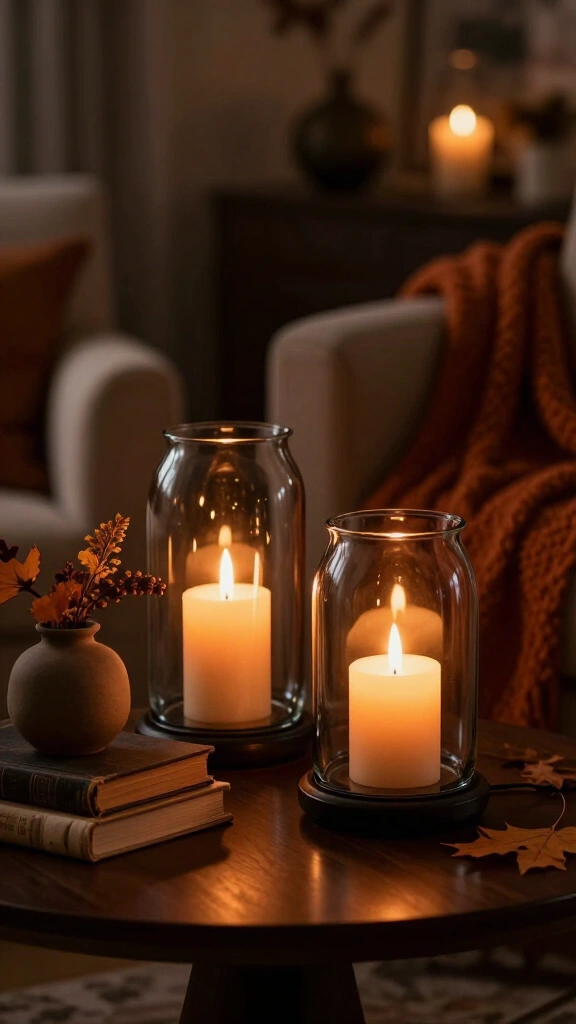 Illuminate side tables with smoked glass hurricane lamps