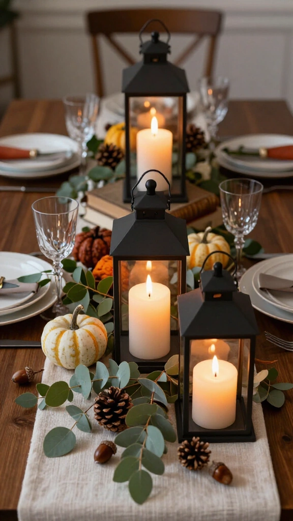 The candlelit lantern and greenery tablescape