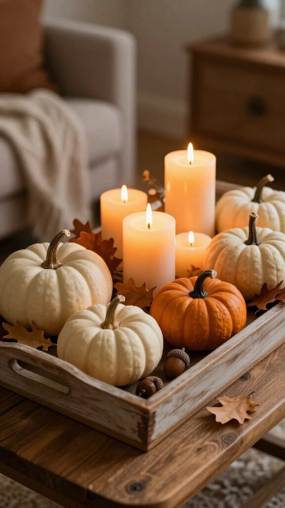 Style a wooden tray with pumpkins and candles