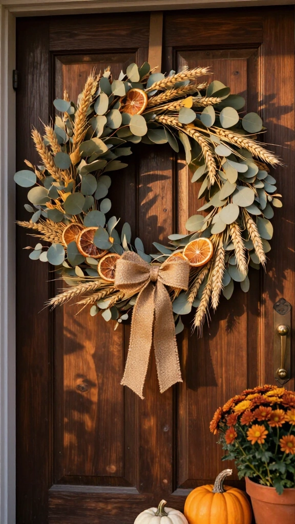 Hang a wreath of dried eucalyptus and wheat