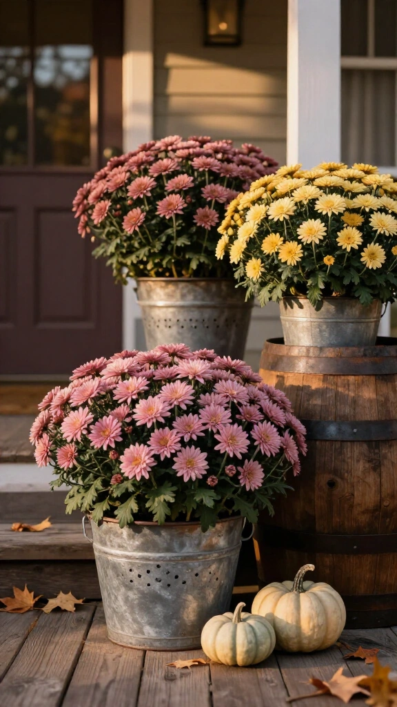 Overflowing muted mums in vintage buckets