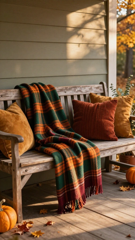 Plaid wool throws over porch benches