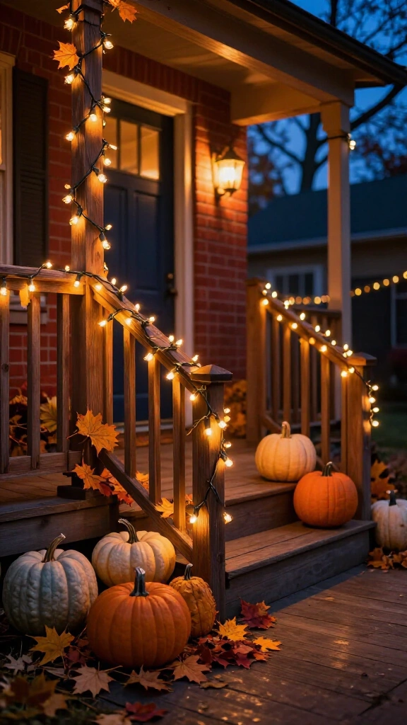 Warm amber string lights wrapped around railings