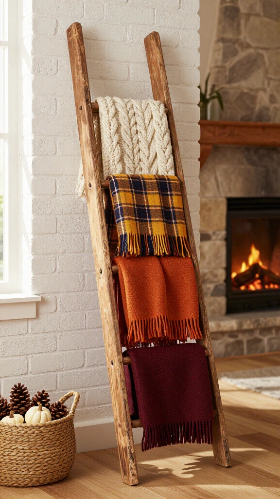 Display a vintage wooden ladder with blankets