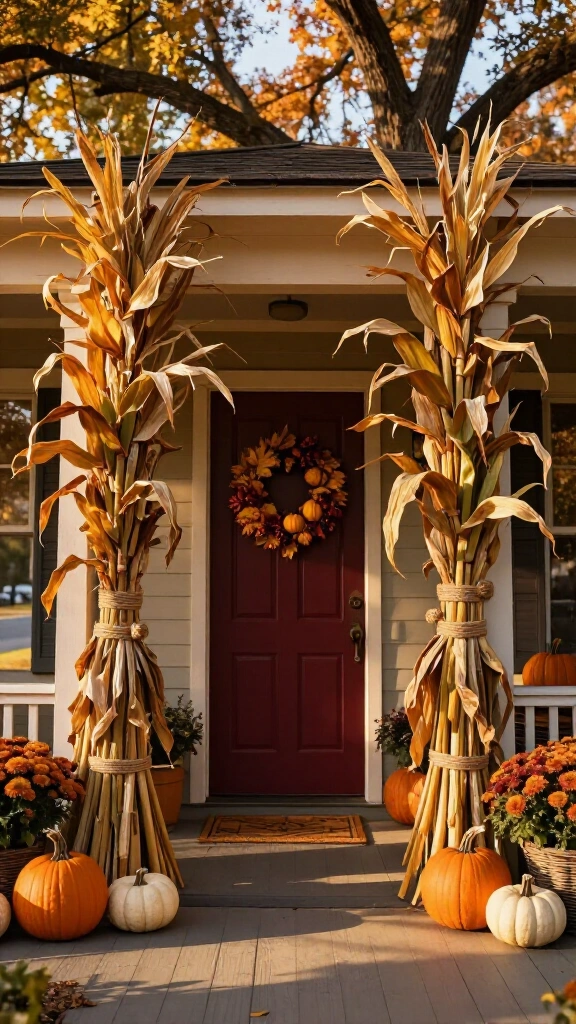 Cornstalk bundles framing the doorway