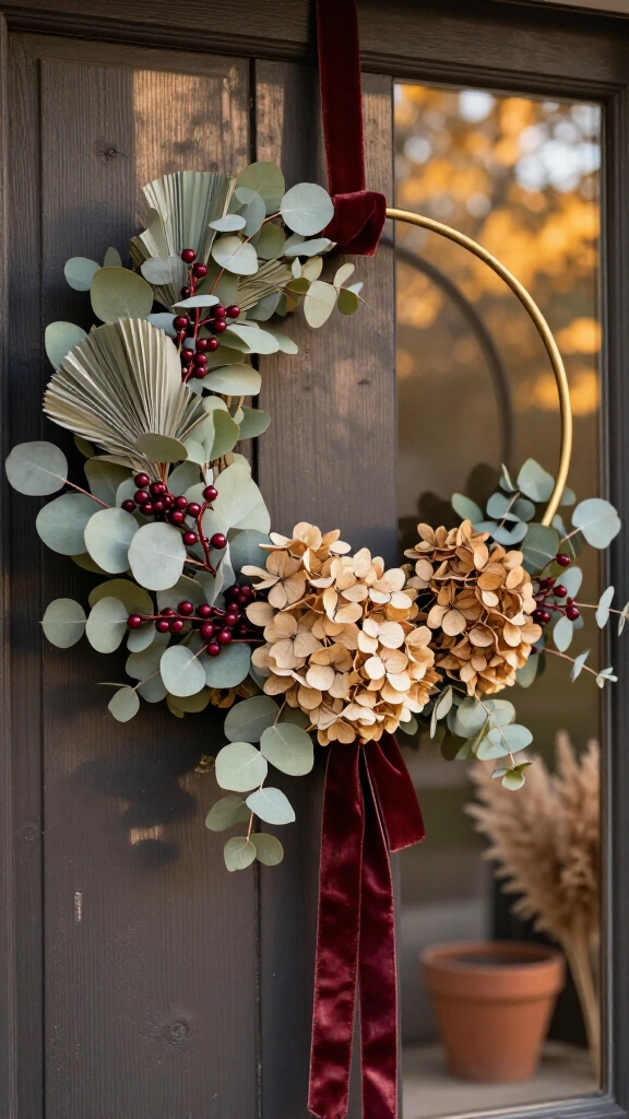 Asymmetrical eucalyptus and dried hydrangea wreath