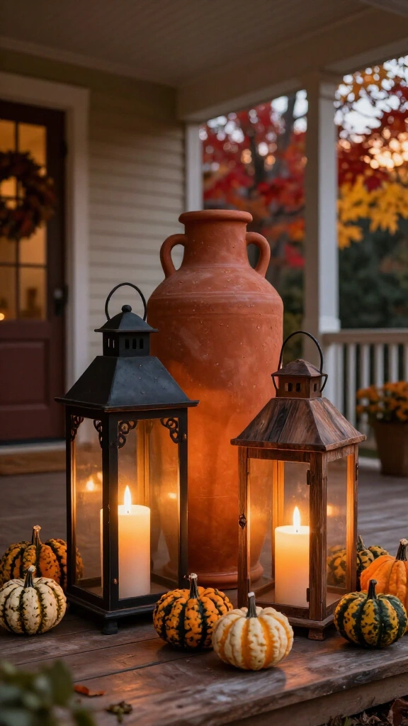 Oversized terracotta lanterns with LED candles