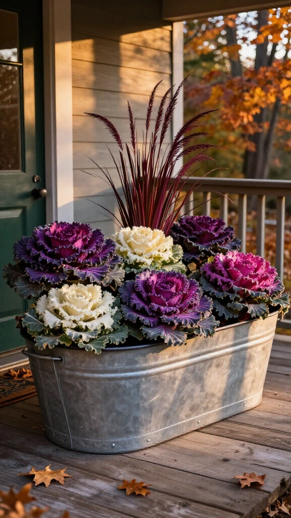 Galvanized metal planters with ornamental cabbage