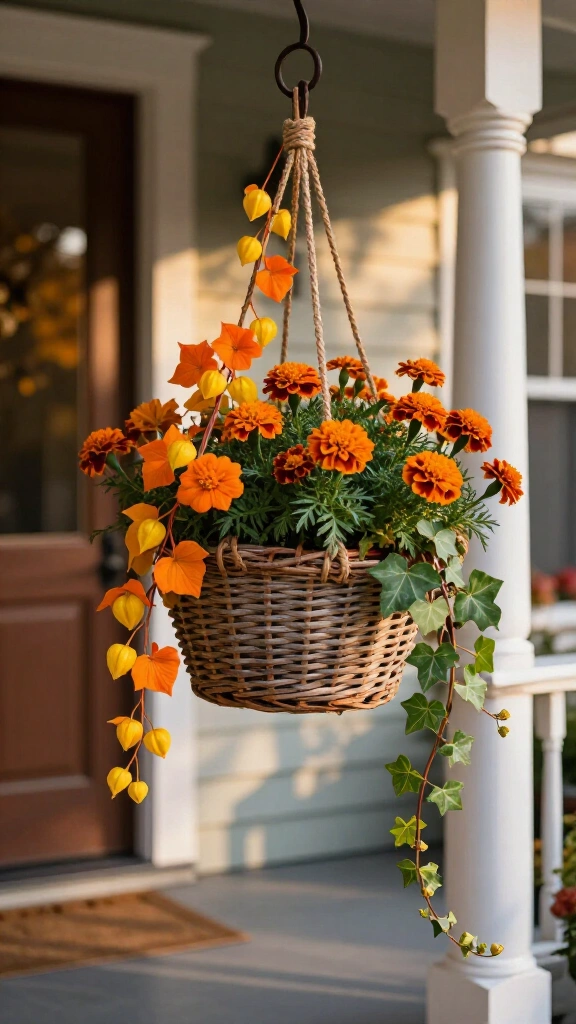 Hanging porch baskets with bittersweet vines