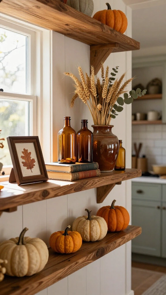 Decorate open shelves with fall staples