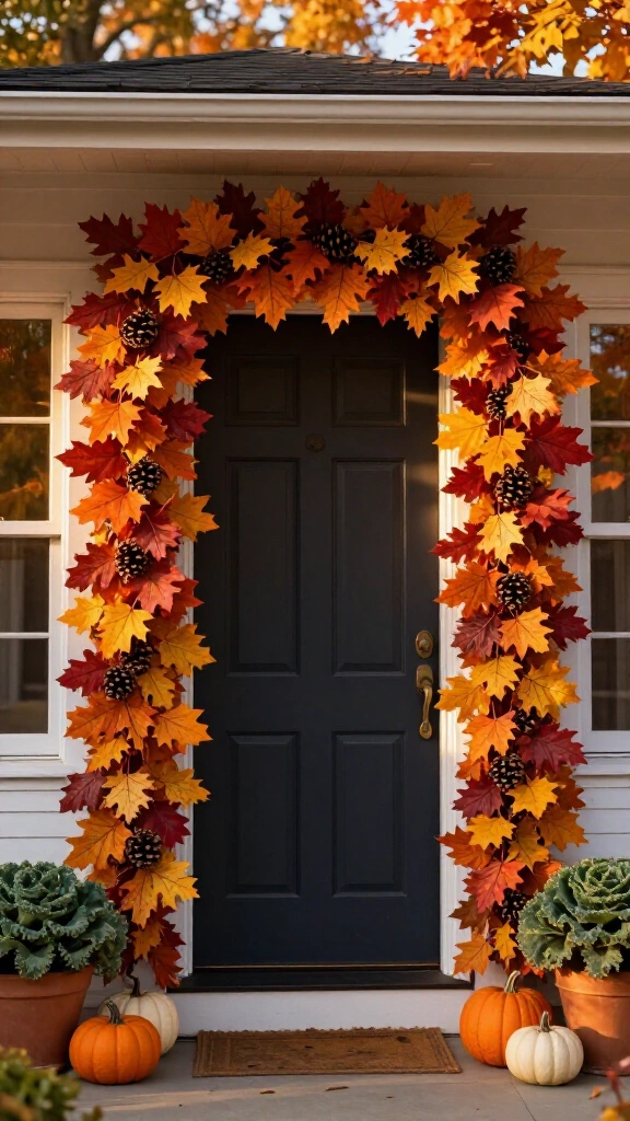 Arching autumn leaf garland surrounding the frame