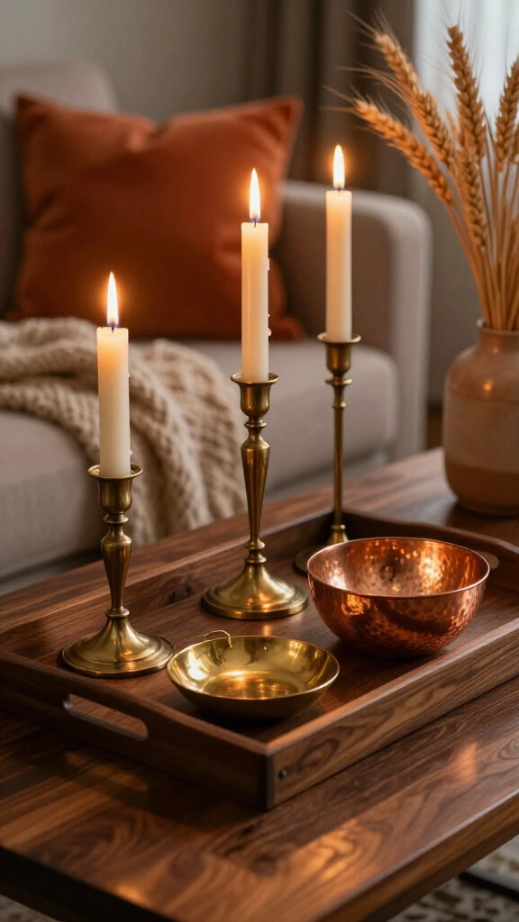 Introduce warm brass and vintage metallic accents