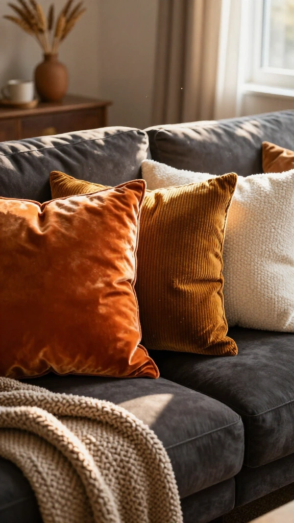 Swap canvas pillow covers for rich velvets