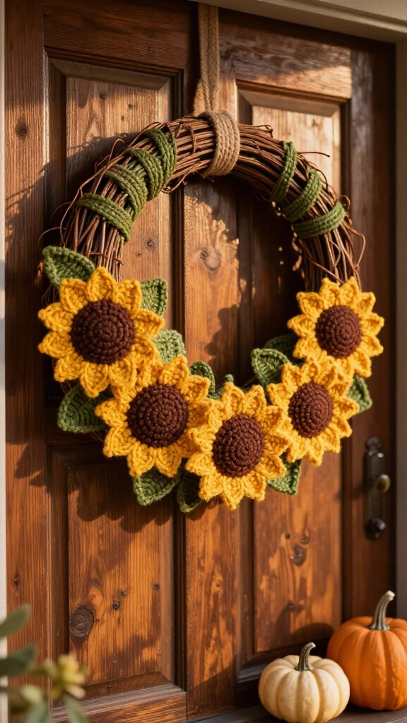 Crochet sunflower door wreath