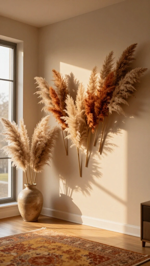 Dried pampas grass wall installation