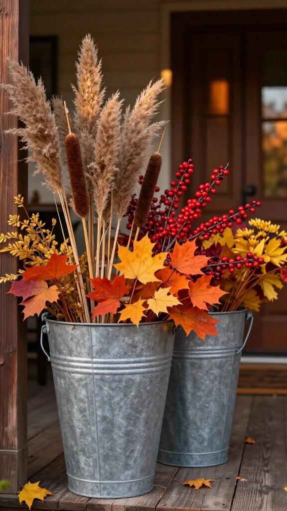 Galvanized metal buckets with harvest flora