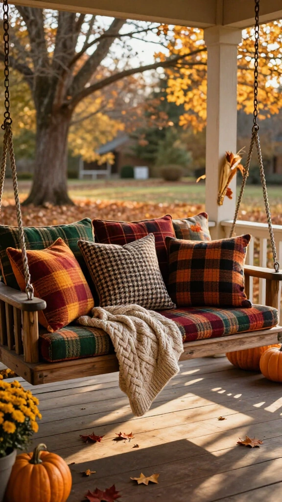 Plaid pillows on porch swings