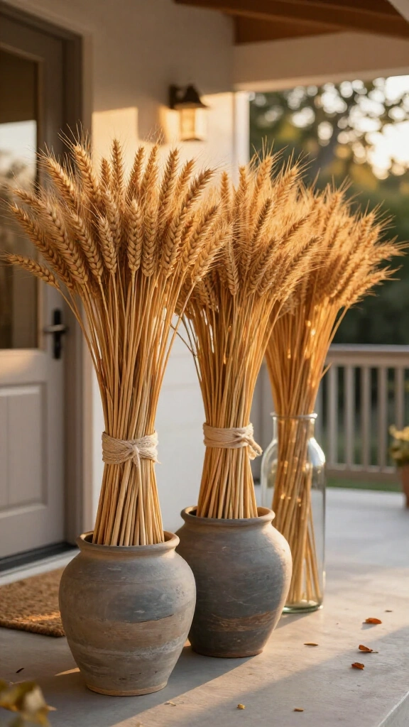 Golden wheat sheaves in tall vases