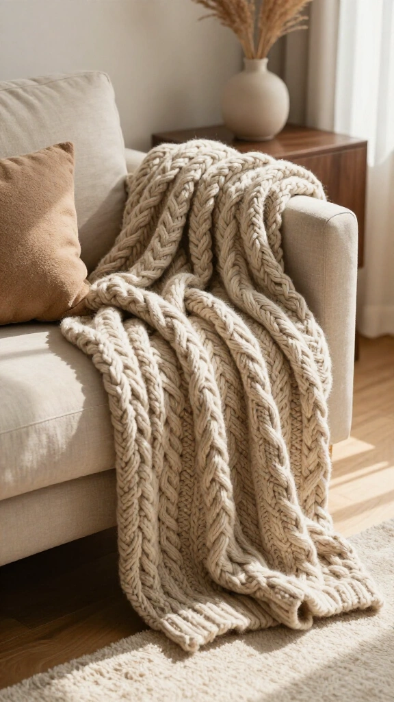Swap synthetic pillows for textured knit throws