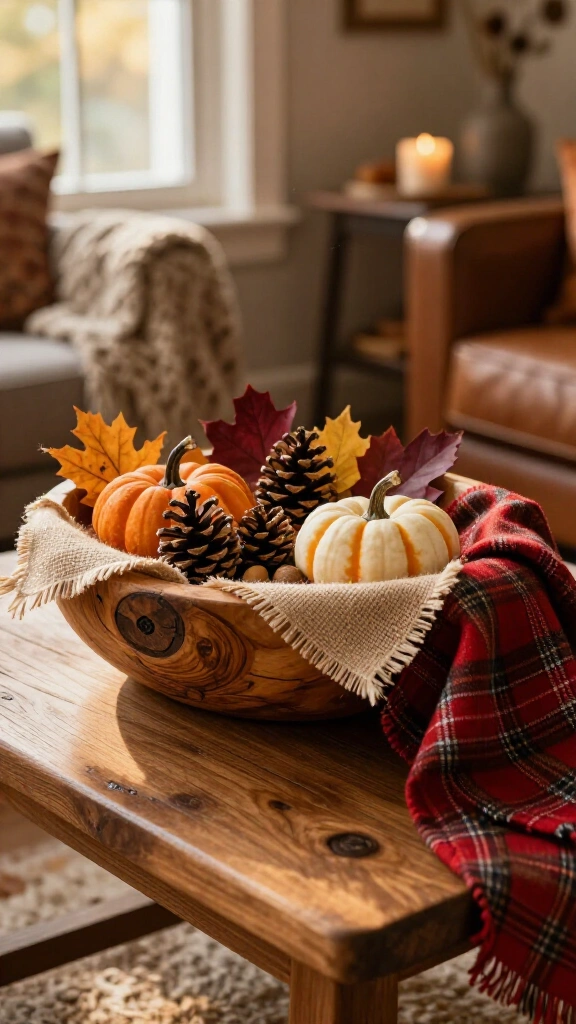 Layered texture bowl with burlap and plaid