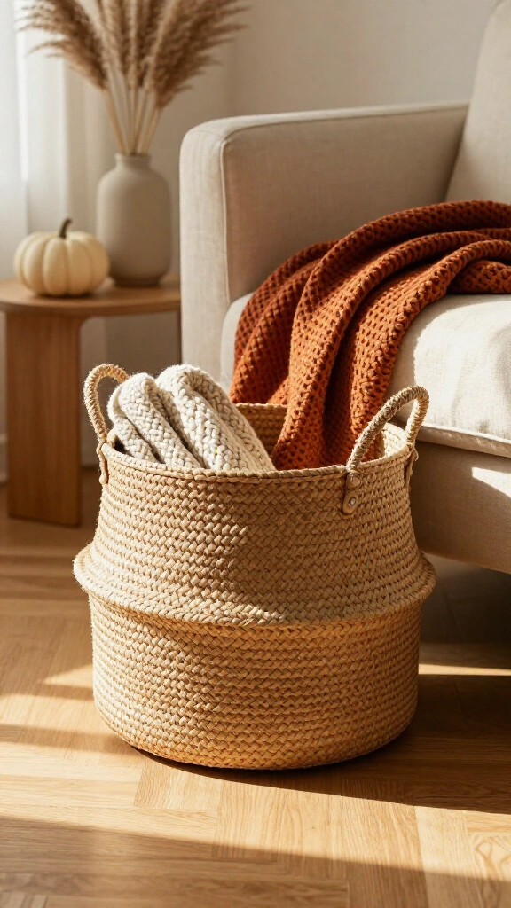 Use woven storage baskets for functional decor