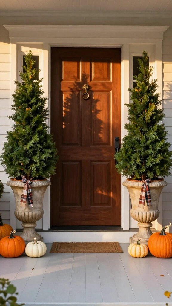 Frame your door with potted evergreen topiaries