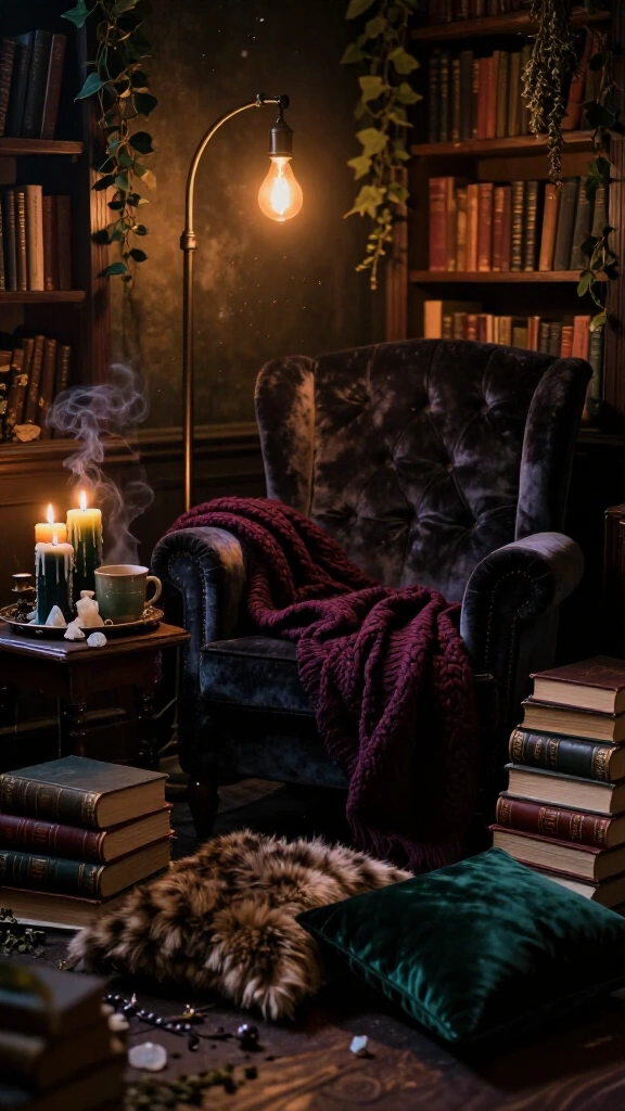 Style a reading nook with moody dark tones