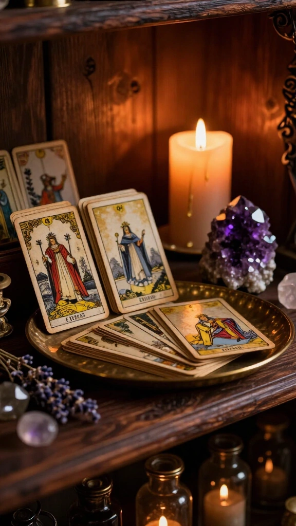 Display a vintage tarot card collection