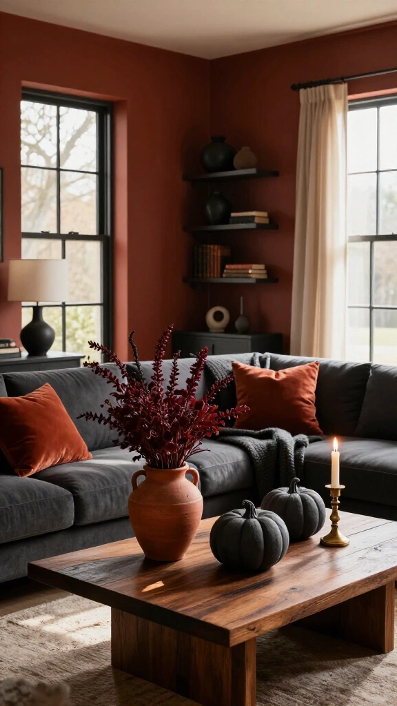 Muted terracotta and charcoal color palettes