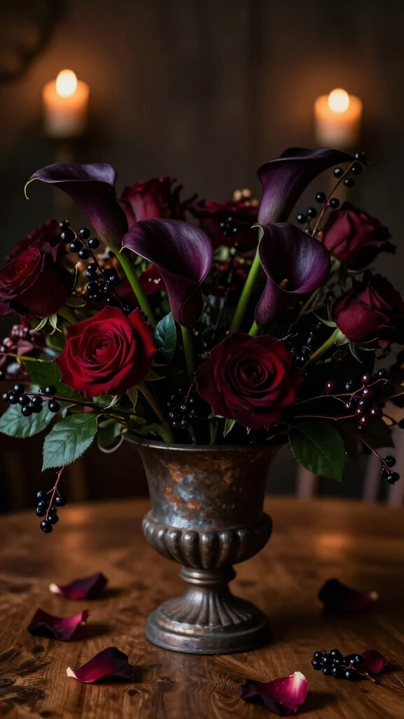 Dark floral and moody berry centerpieces