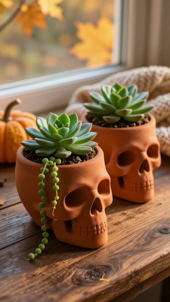 Terracotta skull planters with succulents