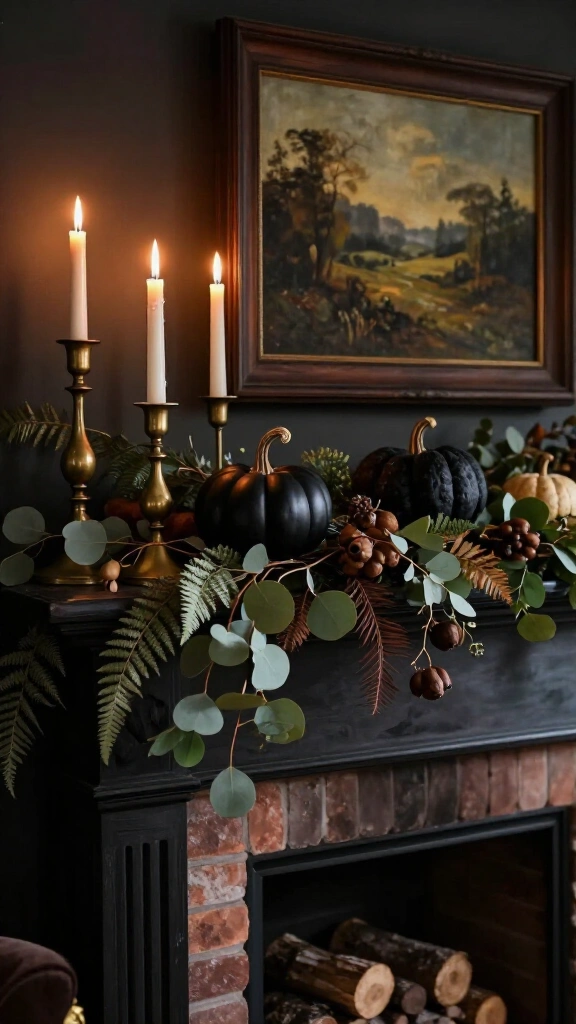 Moody fireplace mantel displays
