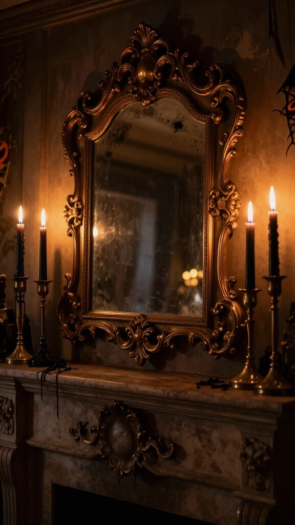 Vintage haunted mirror with matte taper candles