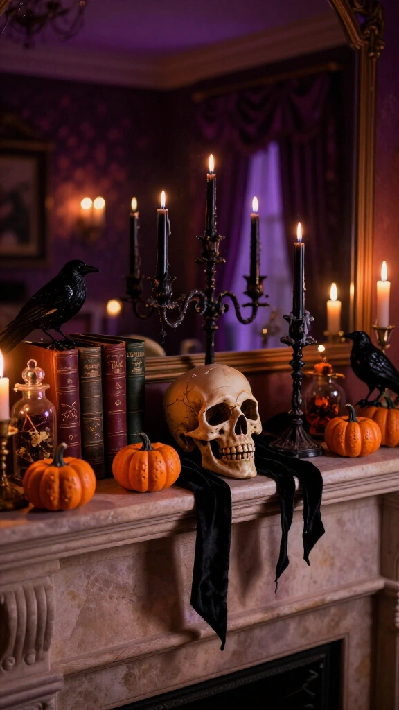 Create a spooky mantel display with layered elements