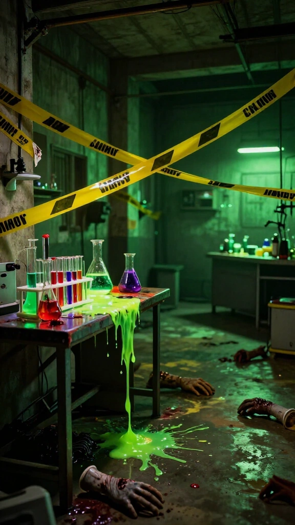 Set up a "Caution: Biohazard" scene in the garage or mudroom