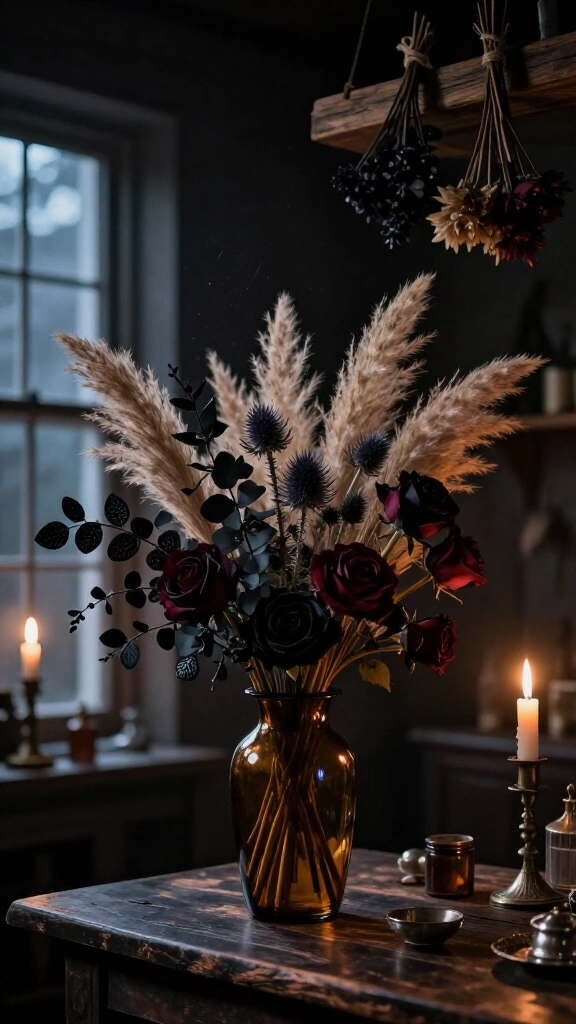 Use dried flowers and dark botanicals as natural decor