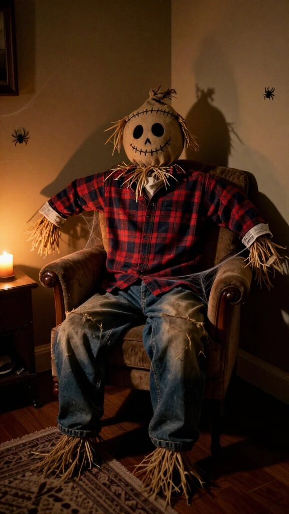 Create a scary scarecrow for an indoor corner