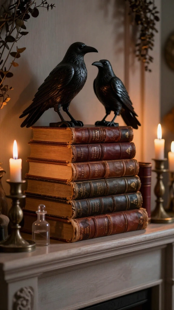 Antique book stack with raven statues