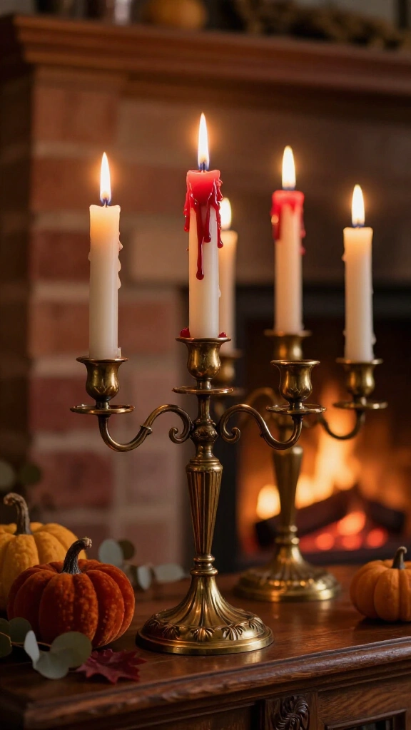 Brass candelabras with bleeding wax candles